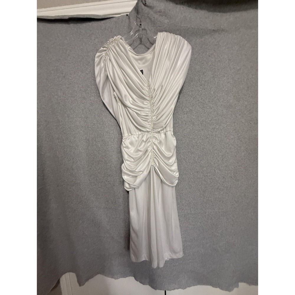 Vtg Inspiration Dress Small 9/10 White Ruched‎ Satin Cowl Maxi Rhinestone HOCO